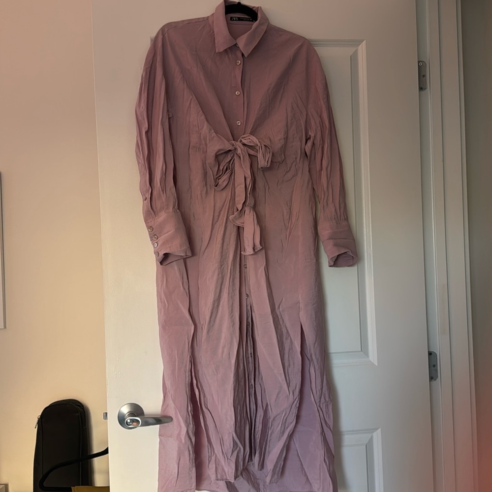 Zara size xs lilac button up shirt dress with tie front